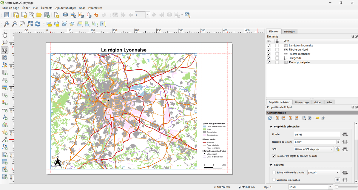 une capture d'écran de l'interface de qgis au niveau des mise en page